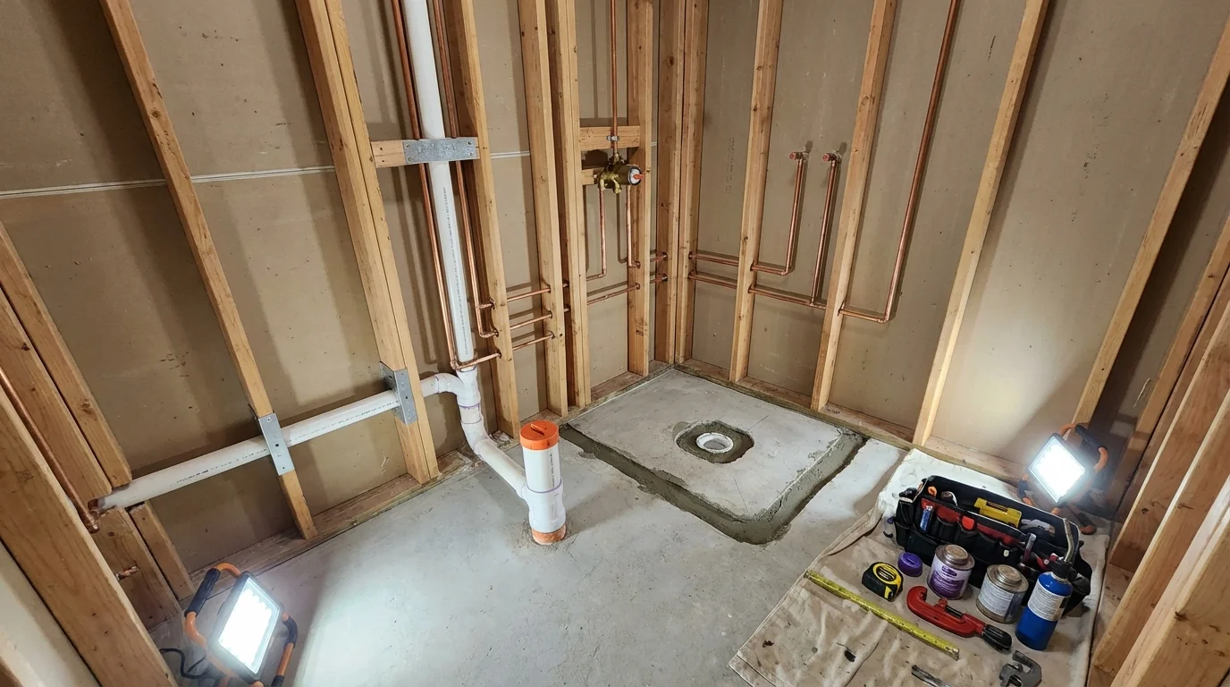 Bathroom rough-in plumbing during remodel by Johns Plumbing LLC in Mingo Junction