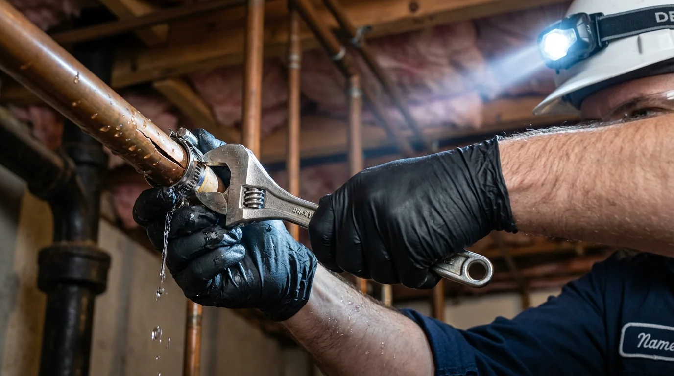 Emergency pipe clamp repair being performed by a Johns Plumbing LLC plumber in Mingo Junction