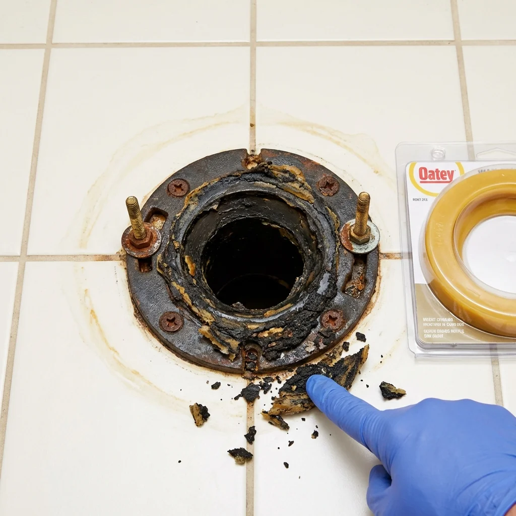 Failed wax ring showing water seepage at the base of a toilet in a Mingo Junction, OH home