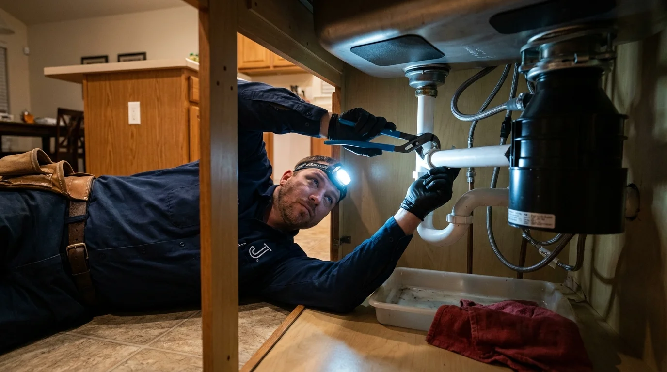 P-trap and supply line connections under a kitchen sink showing a common leak point in Mingo Junction, OH